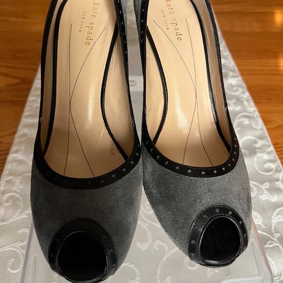 Kate Spade Gray Suede & Leather High Heeled Peep-Toe Pump - Picture 1 of 3